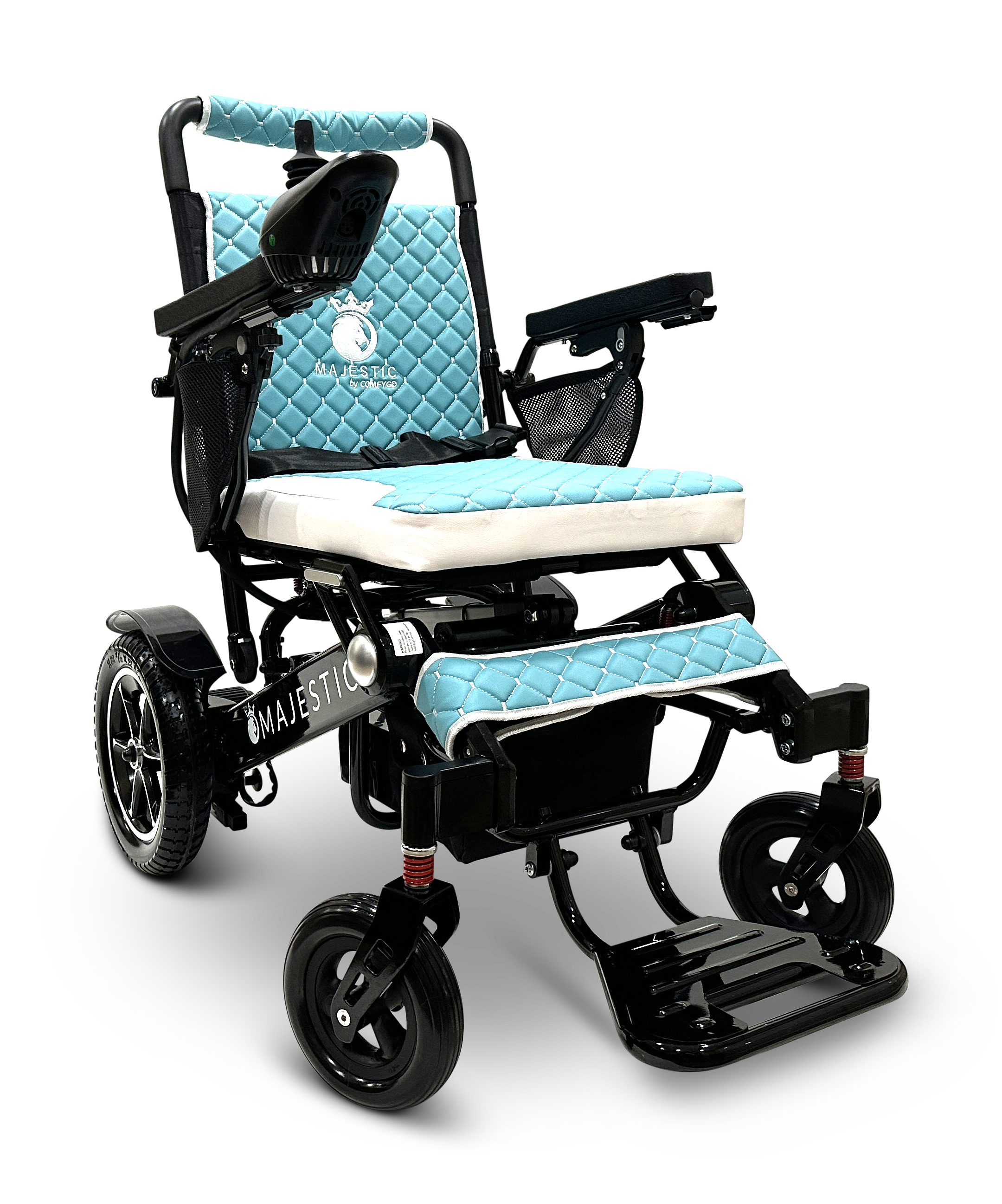 A blue and white MAJESTIC IQ-7000 Auto Folding Remote Controlled Electric Wheelchair with a quilted seat design is showcased. It includes armrests, a footrest, and an intelligent joystick positioned on its control panel. The name "Majestic" is prominently displayed on the frame. Set against a black background, this wheelchair merges elegance with advanced technology.
